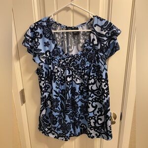 RQT Woman 1X Top Blue Stretch Blouse Floral Shirt Short Sleeve
